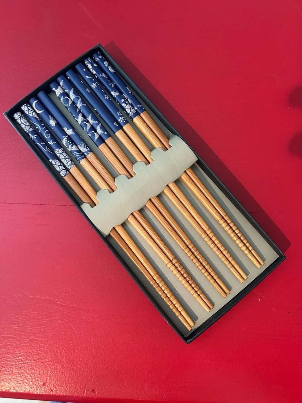 Japanese Style Bamboo Chopsticks Set with Decorative Blue Handles